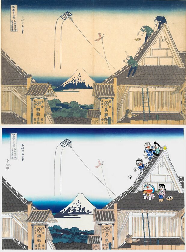 上：葛飾北斎「富嶽三十六景 江都駿河町三井見世略図」（メトロポリタン美術館蔵）　下：ドラえもん浮世絵木版画「富嶽三十六景 江都駿河町三井見世略図」（版三提供） ©Fujiko-Pro