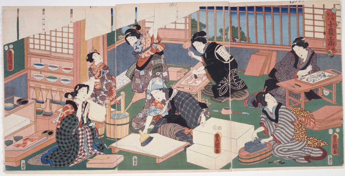 浮世絵の制作風景を描いた「今様見立士農工商　職人」（江戸東京博物館蔵）。実際の版画職人は男性で別々の工房で作業することがほとんどだ