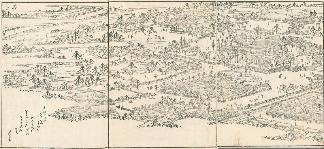 『江戸名所図会』（国会図書館蔵）の富岡八幡宮。6ページに渡るパノラマで描かれているが、そのうちの西側3枚を並べた。右上が八幡宮本社で、中央から左ページにかけて永代寺の林泉が広がる