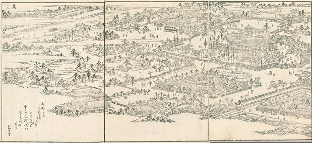 『江戸名所図会』(国会図書館蔵)の富岡八幡宮。6ページに渡るパノラマで描かれているが、そのうちの西側3枚を並べた。右上が八幡宮本社で、中央から左ページにかけて永代寺の林泉が広がる