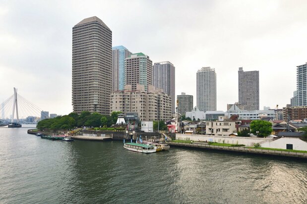 左の緑地と高層マンションが立つあたりが旧石川島。低層の建物が並ぶ右側が、佃島の漁師町だった区域。隅田川は画面左奥から右方向へ流れている