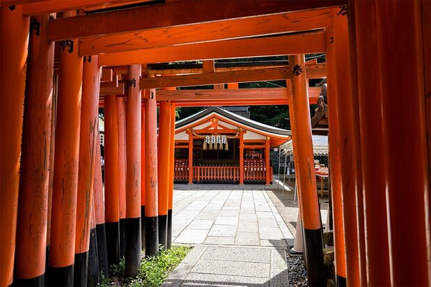 A tunnel of torii gives way to the Oku-no-in at Fushimi Inari Shrine. The hall marks the beginning of the path up the 233-meter Inariyama. (© Pixta)
