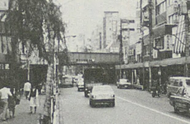 1965年頃の新大久保駅前商店街から高架を望む(『商業の街・新宿』国立国会図書館所蔵)