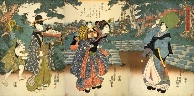 王子稲荷に参詣に向かう親子たち。中央と左の女性が絵馬を持っている。また、左の女性の隣には、幟を担いだ少年の姿。『王子稲荷初午祭ノ図』 / 国立国会図書館所蔵
