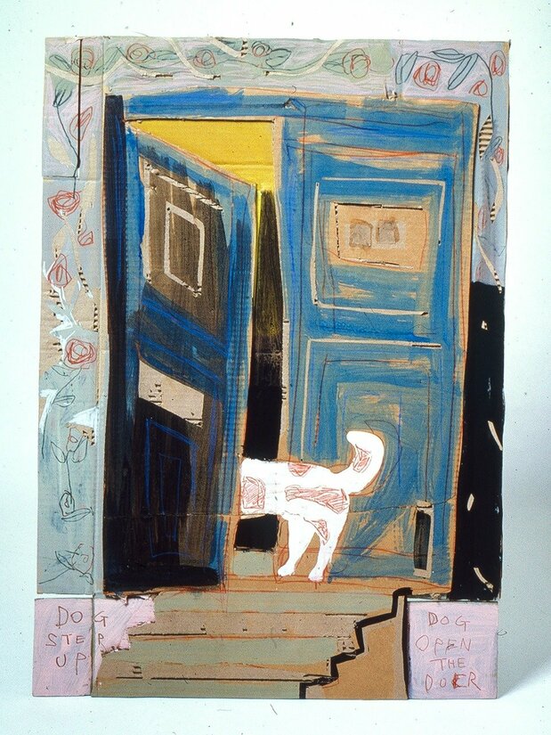 日比野さんがダンボールにアクリル絵の具で描いた作品「DOG OF THE DOOR」(1983/個人蔵)(写真提供:ヒビノスペシャル)