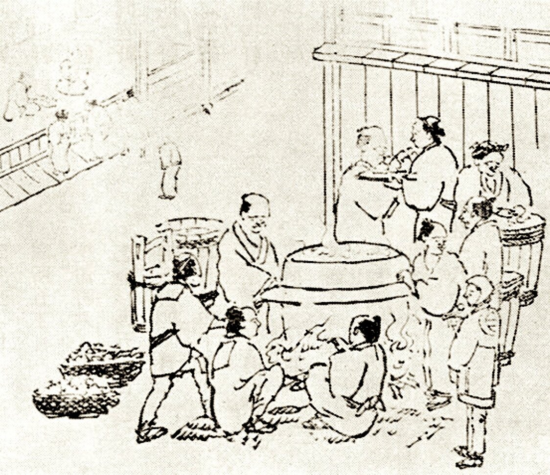 《炊饭救济图》。此图同为表现“天保大饥荒”的画作，描绘的是人们将打砸米店抢夺来的部分大米抬至路边，用大锅煮粥分发给饥民（图片：品川数字档案）