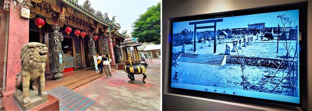 鳳邑城隍廟。手前の狛犬さんは、鳳山神社跡から移された。白黒写真は、戦前に今の鳳山医院の場所にあった鳳山神社(鳳儀書院の展示より)