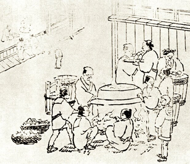 《炊饭救济图》。此图同为表现“天保大饥荒”的画作,描绘的是人们将打砸米店抢夺来的部分大米抬至路边,用大锅煮粥分发给饥民(图片:品川数字档案)
