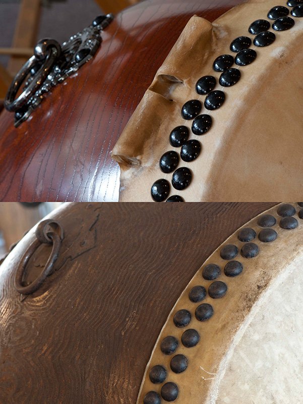 A “nagadō daiko” from Japan. Depending on whether the drum is for ceremonial purposes or for musical performances, the leather part is affixed differently. In the version used for musical performances (pictured above), the leather is rebound when it gets loose, so there is a spare amount behind the bindings used to pull the leather back and increase the tension. The leather on the version used for religious ceremonies (pictured below) is never rebound and the appearance is more important. Therefore, the leather is cleanly cut off behind the bindings, with no amount to spare.