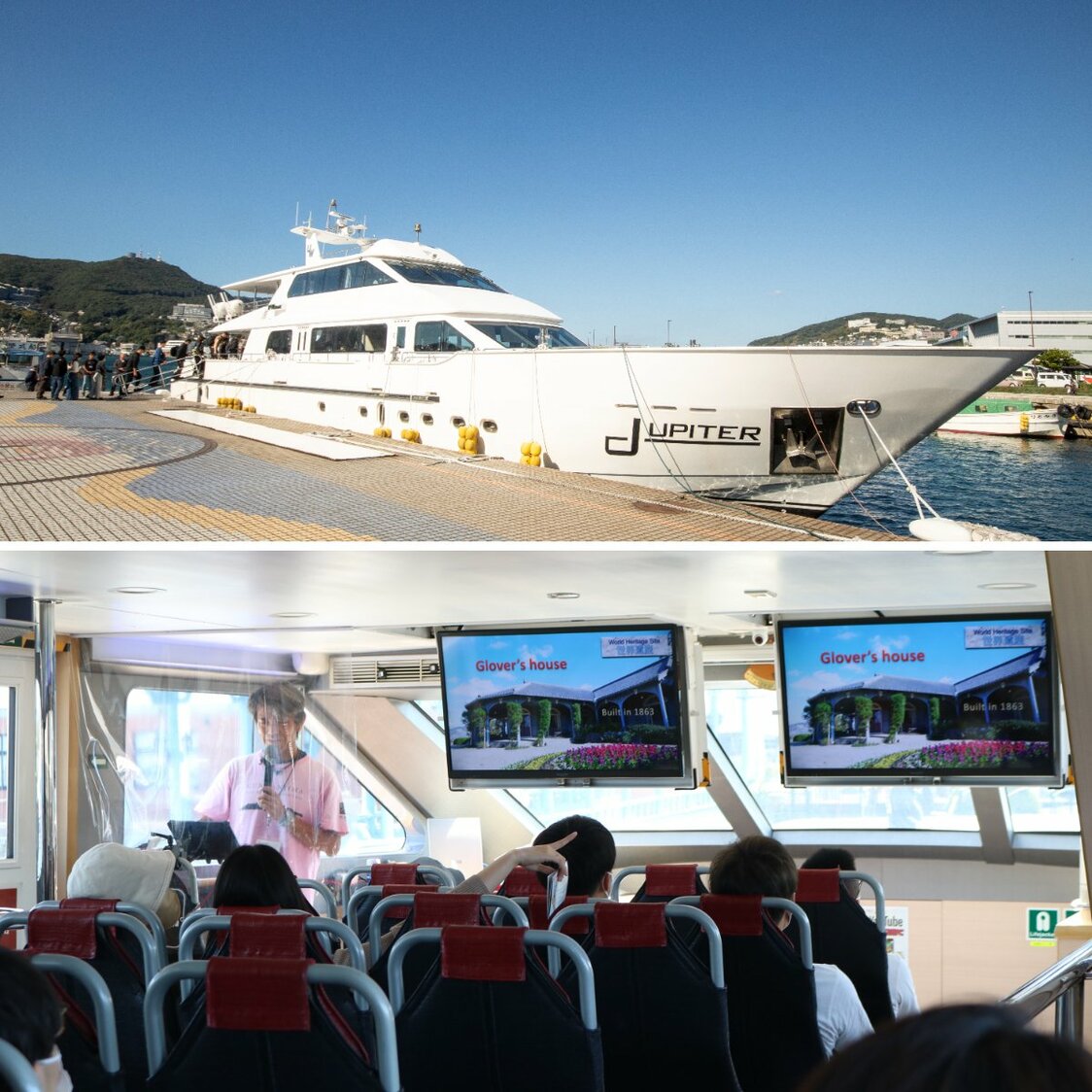 Above: The cruise boat operated by Gunkanjima Concierge. The upper deck offers excellent views, a souvenir shop, and other services. Below: Monitors installed in the passenger cabin show footage of Nagasaki’s world heritage, with English subtitles. (© Gunkanjima Concierge)