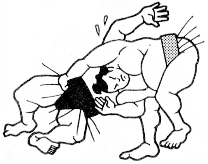 頭を相手の胸か肩につけ、差し手か肘をつかみ、頭を軸にひねり倒す「頭捻り」