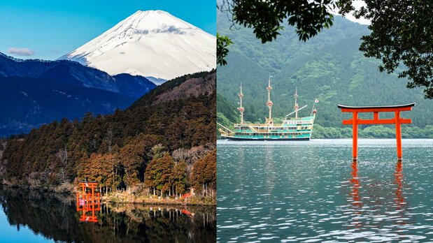 A la izquierda, el pórtico Heiwa no Torii del santuario de Hakone, un lugar perfecto para fotografiar el hermoso paisaje. A la derecha, el torii del santuario principal que se alza en medio del lago, frente al muelle donde zarpa la embarcación que traslada a los visitantes. Fotografía: Pixta.