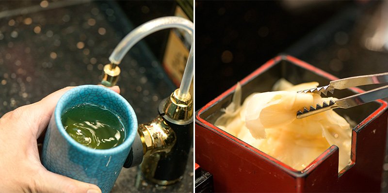(Izquierda) Autoservicio de té verde. ©Kodera Kei (Derecha) Una caja de gari (jengibre encurtido)　©Kodera Kei
