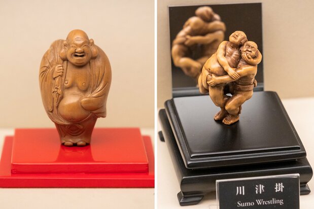 馆内陈列着许多古典题材作品,如左图的《布袋和尚》;右图《川津挂》同为木雕,是以相扑为主题的现代作品