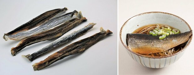[Gauche] Migaki-nishin (© Pixta). [Droite] Nishin soba de Hokkaidô. (Avec l'aimable autorisation du ministère de l'Agriculture, des Forêts et de la Pêche)
