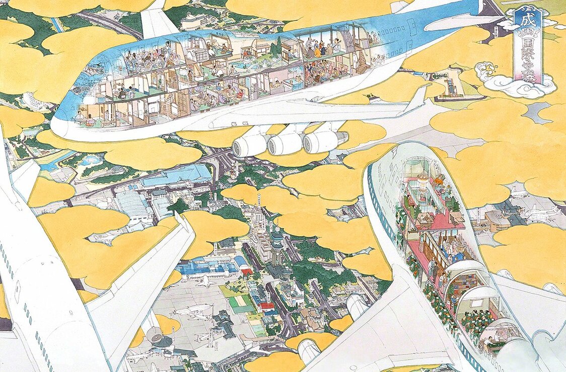 Original Painting for a Mural: Narita International Airport Terminal 1, South Wing, 4th Floor—Narita International Airport: Various Curious Scenes of Airplanes (detail)