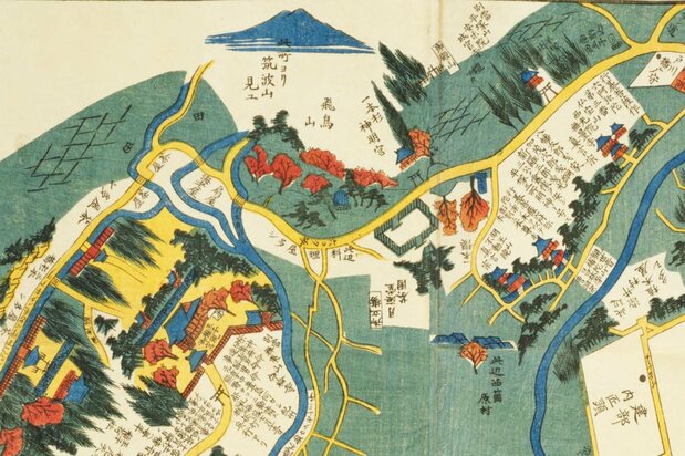 尾張屋版『江戸切絵図』(国会図書館蔵、1854年刊)の「染井王子巣鴨辺絵図」から、王子周辺を切り抜いた。飛鳥山の上部には「此処ヨリ筑波山見ユ」と記される。右端の中央より少し下に、「此辺 染井村 植木屋多シ」と書かれた付近で、全国に広まる桜の品種「ソメイヨシノ」が生み出された