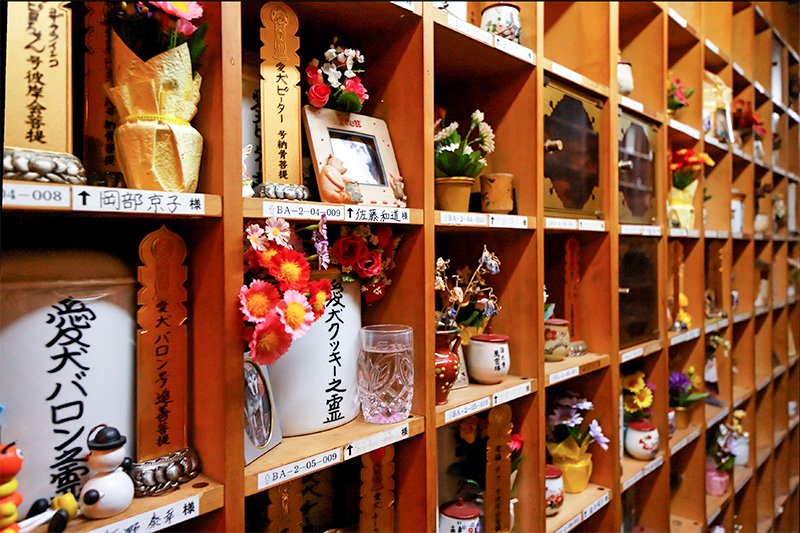 Urnas funerarias en el mausoleo para mascotas del santuario Jindaiji en Chōfu, Tokio.