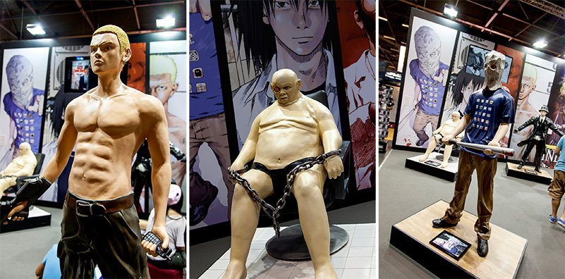 ジャパン・エキスポ会場に展示された筒井作品の登場人物たち。（左から）中西（ダズハント）、田村（マンホール）、新聞男（予告犯）　　(Photo : Laurent Koffel)