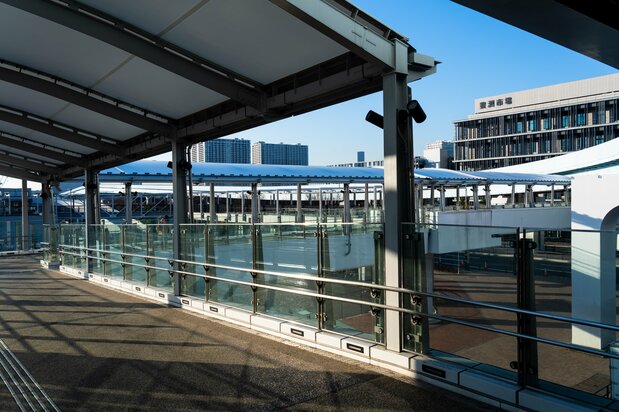 Ahead and to the left as one exits the ticket gates is the Management Facilities Building (at far right in photo), lying along the route to the Fisheries Wholesale Market, where the tuna auctions take place.