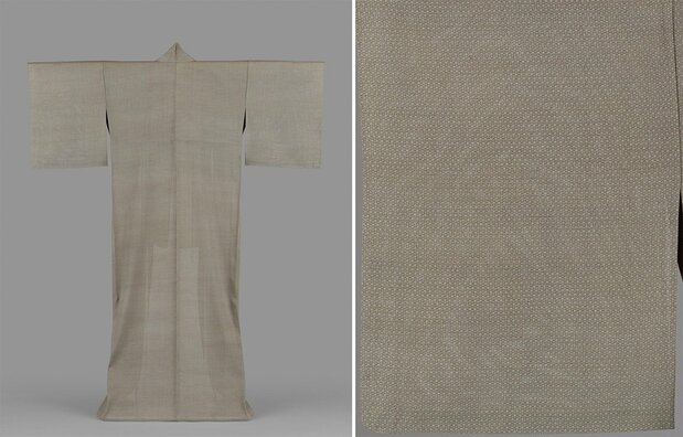 Un kimono d'été en soie komon de l'époque Edo, orné d'un motif « nashi no kirikuchi » (coupe transversale de poire). Cette pièce mêle techniques traditionnelles et motifs modernes. (Avec l'aimable autorisation de l'Agence des affaires culturelles).