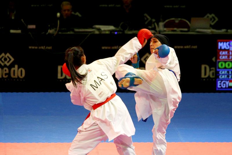 An Egyptian competitor (right) in a bout. Karateka from Egypt have been focusing on kata as well in recent years.