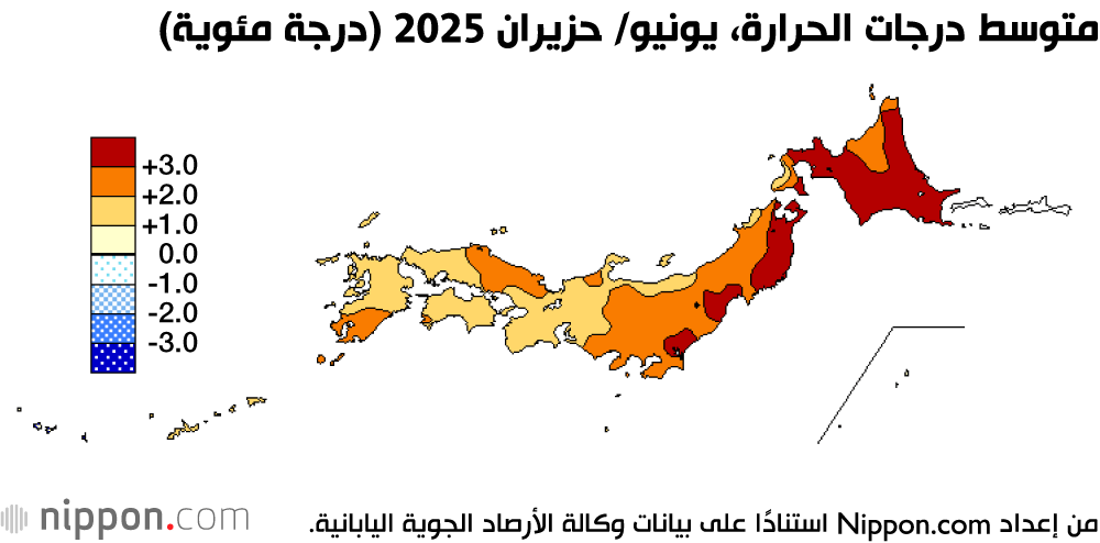 متوسط درجات الحرارة، يونيو/ حزيران 2025 (درجة مئوية)