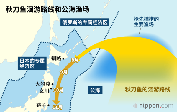 近年来，在成年秋刀鱼南下至日本近海之前，其他国家就在公海上大肆捕捞。选择从距日本较远海域南下的鱼群也越来越多