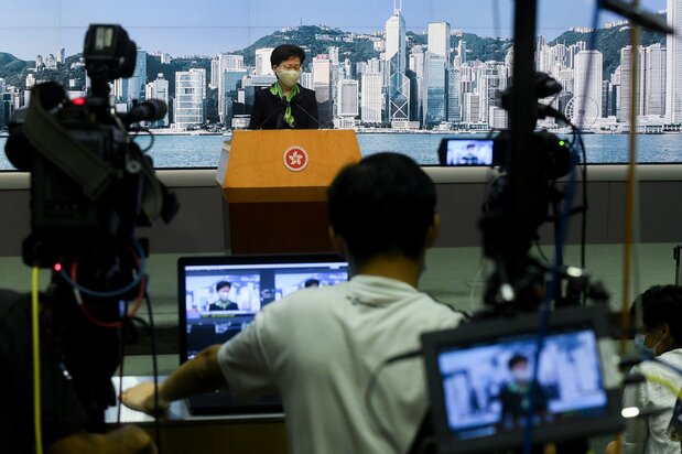 会見をする林鄭月娥 行政長官(2020年8月18日撮影)