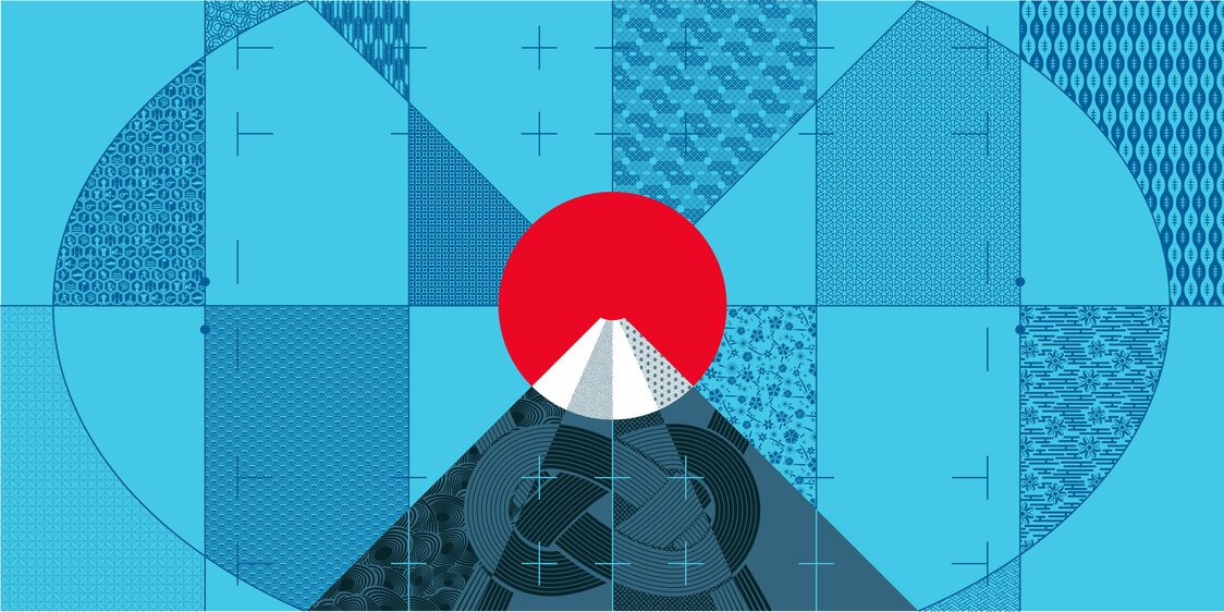 屏風（びょうぶ）をイメージして、ラグビーのピッチと日本伝統の文様、富士山と太陽を融合させたユニティグラフィック。ラグビーW杯日本大会のキービジュアルとなっている　写真：ラグビーワールドカップ 2019 組織委員会