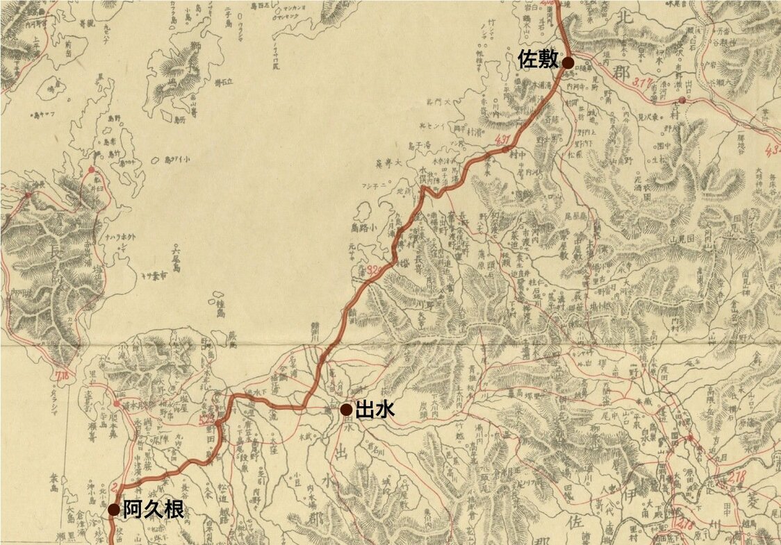 （バナー画像の拡大・再掲）『西海道全圖』にある薩摩街道の出水筋。出水と佐敷の間が薩摩と肥後の国境だった。佐賀県立博物館所蔵