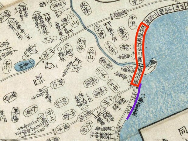 1825(文政8)年作成の『東都近郊図』(国会図書館蔵)の北を上にして、田町から鈴ヶ森までを切り抜いたもの。品川宿を赤枠、「◯海苔名産」と書かれた鮫洲海岸を紫線で示した
