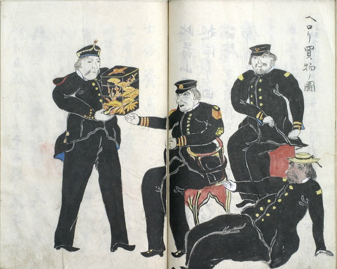 「亜墨利加一条写」（絵・小島又次郎）中、「ペリー買い物の図」、中央がペリー提督（函館市中央図書館蔵）