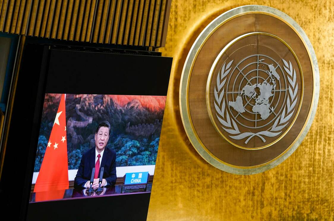 国連総会の一般討論演説にビデオ形式で参加した中国の習近平国家主席（米ニューヨーク）＝2021年9月21日（AFP＝時事）
