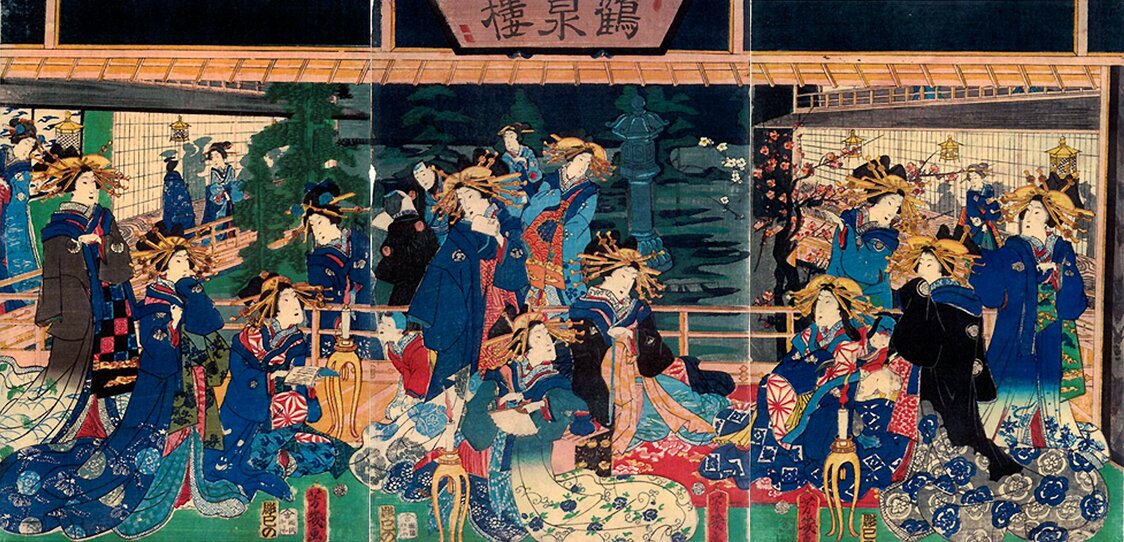 Kakusenrō (1863; colección privada), de Ochiai Yoshiiku. El cuadro representa a las prostitutas del establecimiento Kakusenrō con sus vistosos atuendos.