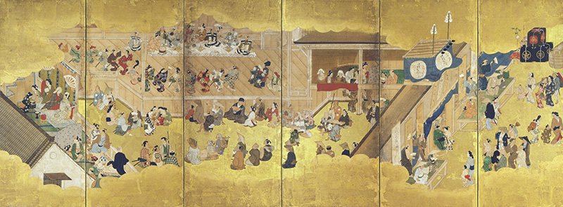 Kabuki durante un hanami en Ueno, biombo de seis paneles atribuido a Hishikawa Moronobu, del periodo Edo (circa 1693). Museo de Arte de Suntory. Prohibida su reproducción.
