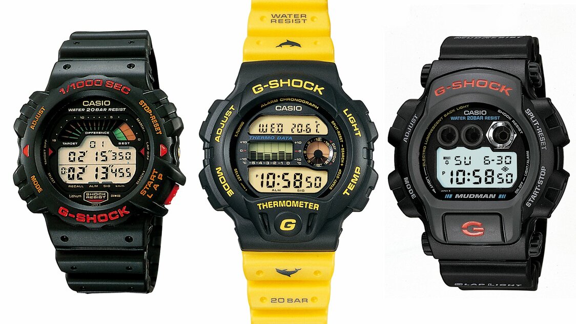 左から、丸型のマッスルデザインを採用した1990年発売の「DW-6000GJ-1」。超人気シリーズ「イルカクジラモデル」の第1弾で94年発売の「DW-6100W-9」。防塵（じん）・防泥構造で95年発売のマッドマン「DW-8400-1」　写真提供：カシオ計算機