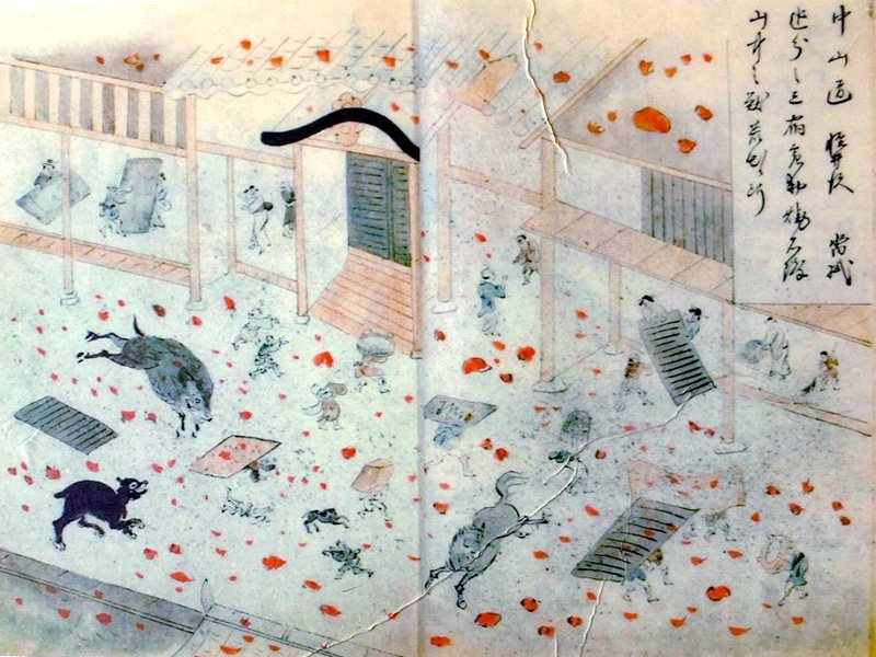 Un cuadro que representa el caos en Karuizawa mientras el Asama lanza piedras al rojo vivo y ceniza sobre el pueblo. (Imagen cortesía de Misaizu Hiroo)