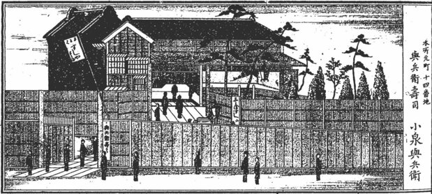 与兵卫寿司(华屋)的店铺(明治时代/《东京新繁昌记》国立国会图书馆藏)
