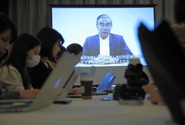 Former Nissan Chairman Carlos Ghosn speaks in a video message played at a press conference in Tokyo on April 9, 2019. (© Jiji)