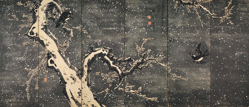 葛蛇玉「雪中松に兎・梅に鴉図屏風」（左隻）