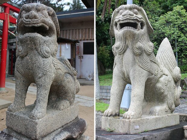 亀山八幡宮の狛犬(左)と旧台湾神宮の狛犬(右)(筆者撮影)