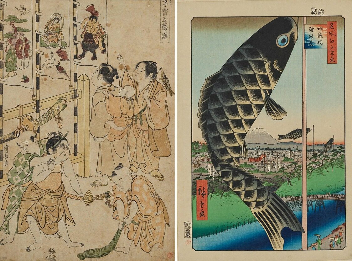 （左）《子宝五节游》中描绘了三面旗帜（右起分别为金太郎、桃太郎、《高砂》），近处的儿童手持一束菖蒲敲击地面，比试声音的大小；（右）《名所江户百景 水道桥骏河台》中描绘了多面鲤鱼旗（图片：colbase）