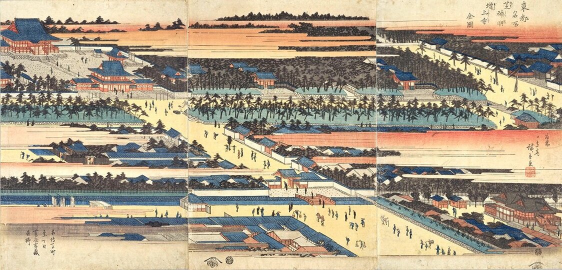 増上寺の全景をとらえた初代・歌川広重画『東都名所　芝神明増上寺全図』国立国会図書館所蔵