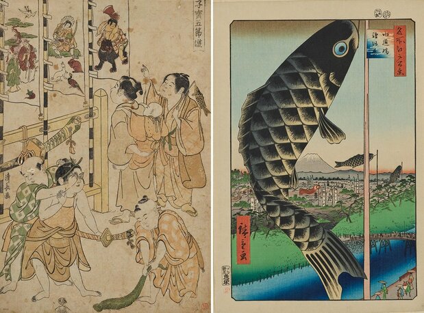 A la izquierda, el ukiyo-e de la serie El festival, de los cinco grandes, dedicado a la preciada infancia en el que se ven, de derecha a izquierda, unas banderolas con dibujos de Kintarō, Momotarō y Takasago. El niño que aparece enfrente lleva en las manos un ramo de cálamos aromáticos. Según cuentan, los pequeños jugaban a golpear el suelo con ellos para ver quién hacía más ruido; a la derecha, varios koinobori en Cien vistas famosas de Edo: el puente de Suidōbashi y el barrio de Surugadai. (fuente de ambos: ColBase)