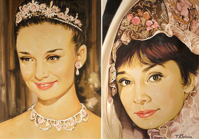 Audrey Hepburn en Roman Holiday (izquierda; E: Vacaciones en Roma, LA: La princesa que quería vivir) y My Fair Lady (derecha; Mi bella dama)