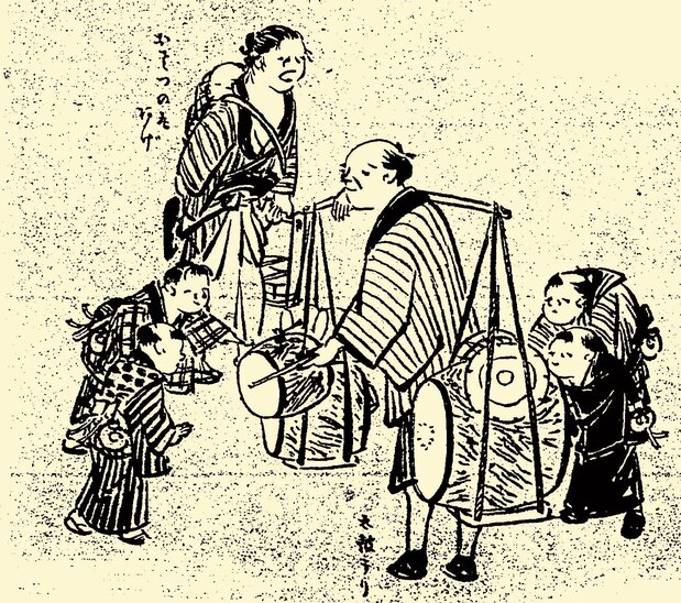 太鼓売りに群がる子どもたち。大きな太鼓は客引き用で、太鼓売りはこれをたたいて耳目を集め、手に持っている小さい方を売る。『江戸府内絵本風俗往来』 / 国立国会図書館所蔵