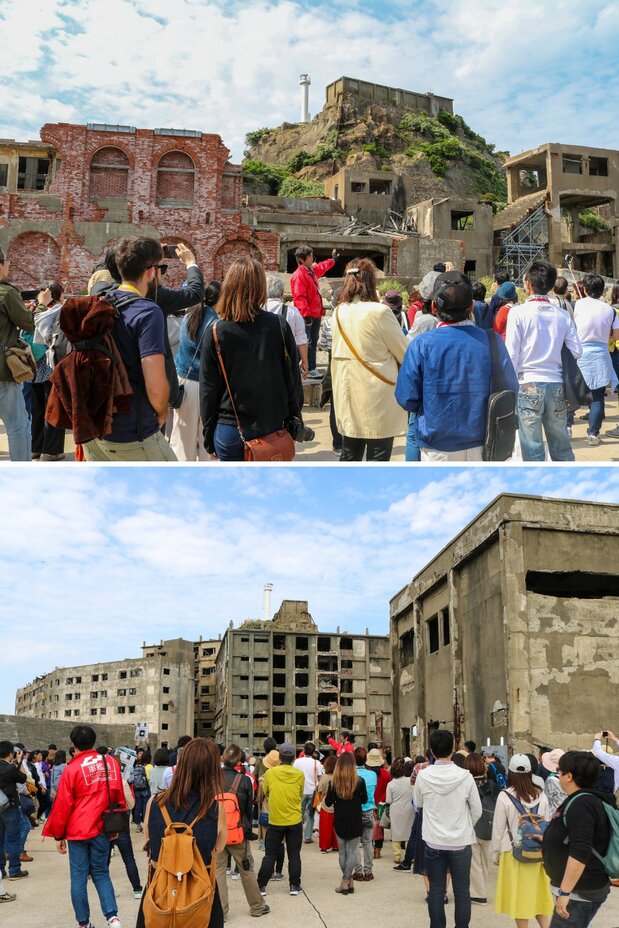 Arriba a la izquierda, personas escuchando las explicaciones frente la oficina central y a la derecha el acceso al pozo vertical. Debajo, en el centro, el edificio de apartamentos número 30. (Fotografía de Gunkanjima Concierge) 