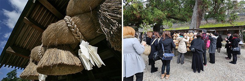 (A gauche) Dans les sanctuaires shintô, les cordes sacrées (shimenawa) marquent la limite entre le monde ordinaire et celui des kami. La shimenawa que l’on voit ici est celle du pavillon des célébrations (haiden). (A droite) Le sanctuaire d’Izumo est aussi réputé pour favoriser les unions. De nombreux visiteurs viennent faire un vœu pour réussir un mariage heureux.