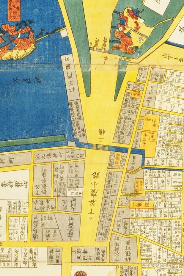 尾張屋版『江戸切絵図』(国会図書館蔵、1851年刊)の「東都下谷絵図」より、下谷広小路を中心に切り抜き北を上にした。広重は広小路の南端にある上野新黒門町辺りから、寛永寺方向を望んでいる